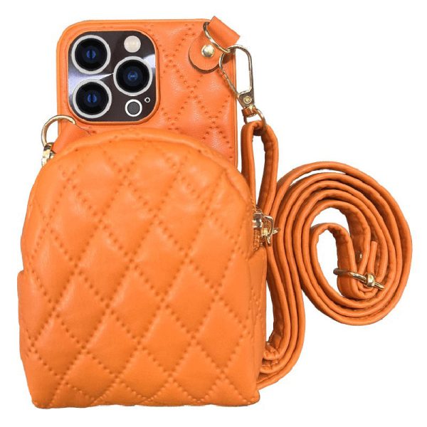 For iPhone 13 Pro 6.1 inch Imprinted Rhombus Pattern PU Leather Coated PC Phone Case Crossbody Strap Zipper Cover with Card Holder Cheap