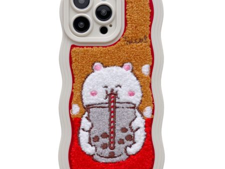 For iPhone 13 Pro Max 6.7 inch Milk Tea Animal Pattern Embroidery TPU + PC Hybrid Case Wavy Edge Soft Plush Winter Phone Cover Shell Fashion