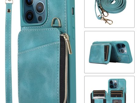 For iPhone 13 Pro Max 6.7 inch Card Bag Design Kickstand Cover Shockproof PU Leather Coated TPU Phone Case with Hand and Shoulder Strap Cheap