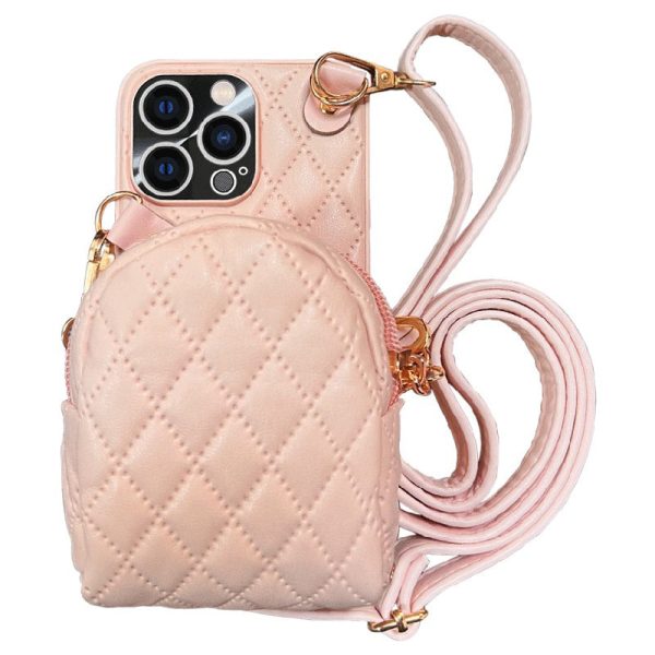 For iPhone 13 Pro 6.1 inch Imprinted Rhombus Pattern PU Leather Coated PC Phone Case Crossbody Strap Zipper Cover with Card Holder Cheap