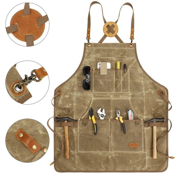 K777 Multi-pockets Apron Waxed Canvas Top Layer Cowhide Leather Waterproof Apron for Carpenter Gardening Worker Discount