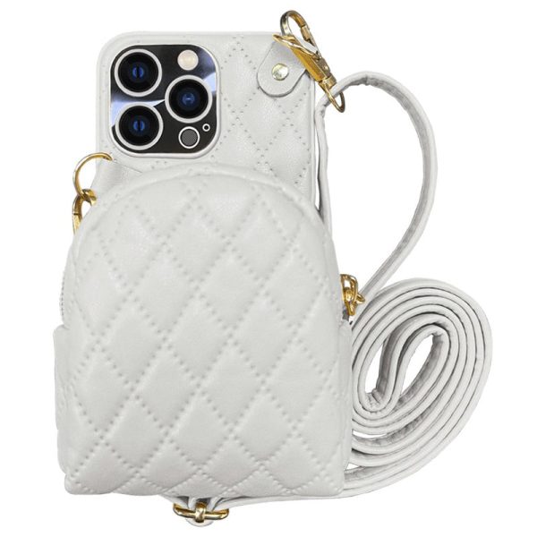 For iPhone 12   12 Pro 6.1 inch Imprinted Rhombus Pattern Crossbody Bag Card Holder Phone Case PU Leather Coated PC Zipper Purse Cover with Shoulder Strap For Discount