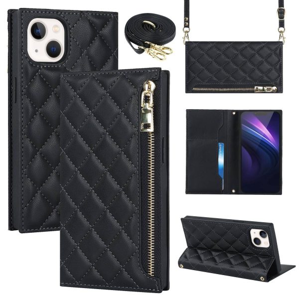 For iPhone 13 6.1 inch Shoulder Bag PU Leather Zipper Pocket Stitching Rhombus Texture Wallet Stand Phone Cover Case with Long Strap For Sale