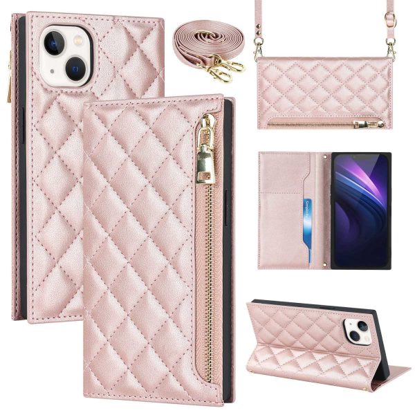 For iPhone 13 6.1 inch Shoulder Bag PU Leather Zipper Pocket Stitching Rhombus Texture Wallet Stand Phone Cover Case with Long Strap For Sale